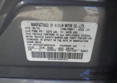 2013 Infiniti G37 Base из США, поврежденный, VIN JN1CV6AP3DM303918